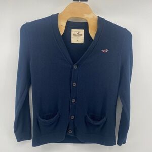Hollister Cardigan Mens XL Navy Blue Button Front Pocket V-Neck Sweater Logo